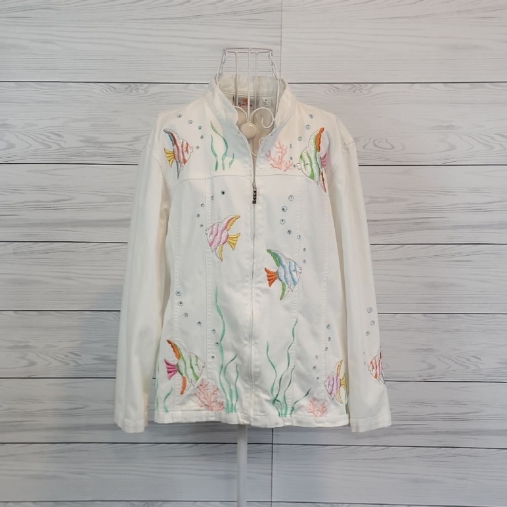 Quaker Factory Jacket - White with Embroidered Tropical Fish Womens Size XL